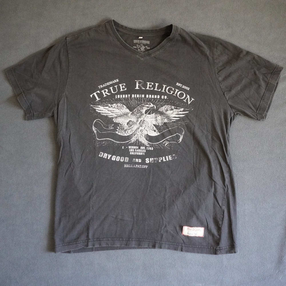 True Religion Mens V-Neck Graphic T-Shirt XL Black Eagle Dry Goods Supplies Tee